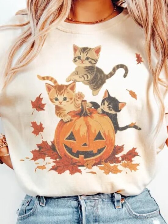 Tops - Cat Halloween Shirt, Pumpkin Shirt, Cat Lover Tee